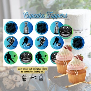 May include: Cupcake toppers featuring hockey-themed designs. Includes images of the NHL logo, the Stanley Cup, hockey players, and pucks. The text says "Cupcake Toppers" and "Just print, cut, and glue them to a straw or toothpick."