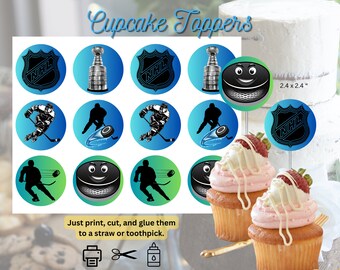 Op de afbeelding: Cupcake toppers met hockeythema's. Bevat afbeeldingen van het NHL-logo, de Stanley Cup, hockeyspelers en pucks. De tekst zegt "Cupcake Toppers" en "Just print, cut, and glue them to a straw or toothpick."