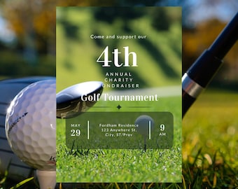 May include: A white and green flyer with a golf club and golf ball. The flyer advertises a 4th Annual Charity Golf Tournament on May 29th at 9 AM at the Fordham Residence, 123 Anywhere St., City, ST/Prov.