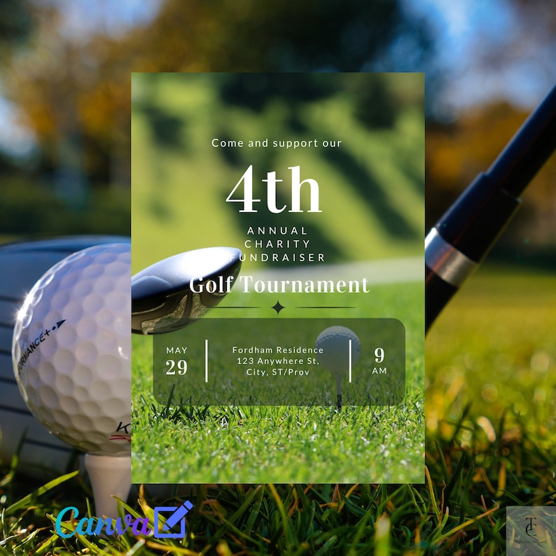 May include: A white and green flyer with a golf club and golf ball. The flyer advertises a 4th Annual Charity Golf Tournament on May 29th at 9 AM at the Fordham Residence, 123 Anywhere St., City, ST/Prov.