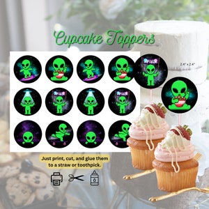 May include: A set of 12 cupcake toppers featuring green aliens in various poses, including holding a sign that says "SPACE", eating noodles, and riding skateboards. The toppers are printed on 2.4 inch round circles with a black and purple galaxy background. Instructions for printing, cutting, and gluing the toppers to a straw or toothpick are included.