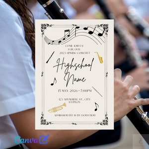 May include: A white and black invitation with musical notes and musical instruments. The invitation is for a 2023 Spring Concert at Highschool Name on 15 May 2026 at 7:00 PM. The address is 123 Mywhere St., City ST/PROV. Admission is by donation.