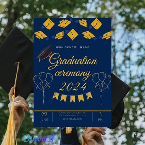 Highschool University College School Gold Blue Graduation Ceremony Instant Download Digital Invitation Editable w/ Canva| Printable Invites