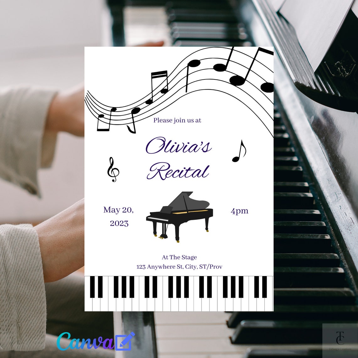 Piano Recital Music Notes Instant Download Digital Invitation Editable W/ Canva Printable ...
