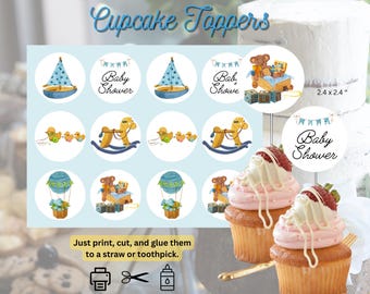 Blue Baby Shower Cupcake Toppers: DIY Printable Stickers (Digital Download)