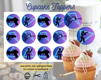 May include: A set of 12 cupcake toppers featuring a futuristic space gun design. The toppers are printed on 2.4 inch round circles with a gradient background of purple and blue. The gun is black and has a neon blue glow. The text "Cupcake Toppers" is at the top of the image. The text "Just print, cut, and glue them to a straw or toothpick." is at the bottom of the image. The image also shows instructions for printing, cutting, and gluing the toppers.
