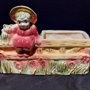 Vintage Hull Art Pottery - Novelties - #87 - 5 1/2&quot; Girl on Fence - Planter - Gloss Chartruese & Pink w/Hand-Painted Gold Highlights  - 1951