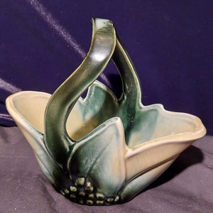 Vintage Hull Art Pottery - Novelties - #122 (unmarked) - Gloss Green and Yellow - 6&quot; Handled Basket - 1952