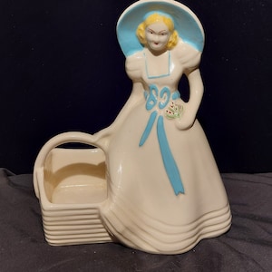 Vintage Hull Art Pottery - Novelties - Pattern #954 - 8 1/2&quot; Gloss White w/Blue Decoration - Lady w/Basket Planter - Late &#39;40s to Early &#39;50s