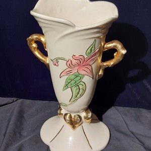 Vintage Hull Art Pottery - Woodland &quot;Hi-Gloss&quot; Post-1950 Allover White with Gold Trim - Pattern #W-18 - 10 1/2&quot; Vase - 1952-1954