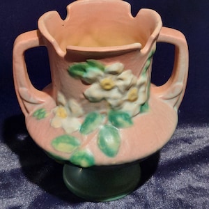 Vintage Roseville Art Pottery - White Rose #146-6&quot; Pink and Green Urn/Trophy Vase - 1940