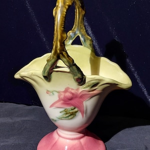 Vintage Hull Art Pottery - Woodland Pattern #W-9 - &quot;Hi-Gloss&quot; Chartreuse and Pink Tinted Background - 8 3/4&quot; Basket - 1952-1954
