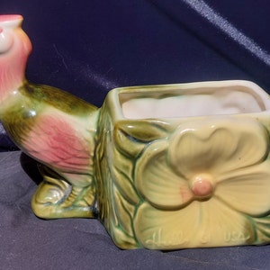 Vintage Hull Art Pottery - Novelties - #61 - 8&quot; Gloss Wine, Dark Green and Chartreuse - Pheasant Planter - 1953