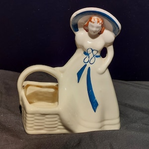RARE - Unusual size - Hull Art Pottery - Early Utility Art - #954 - 5 3/4&quot; Basket Girl Planter - Cold-Painted Overglaze on White - 1938-1940
