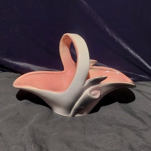 REDUCED PRICE - As-Is - Repaired crack - Vintage Hull Art Pottery - Novelties - #56 - Gloss Pink and Charcoal - 6&quot; Scroll Basket - 1955-1957