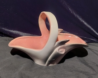 Vintage Hull Pottery Basket – Pink & Charcoal Scroll, 1950s Novelty (#56 - As-Is)