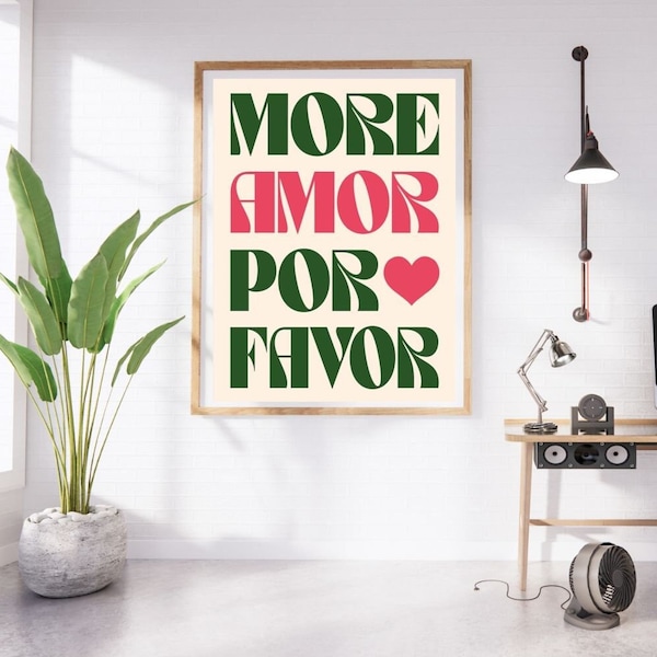 Canva Print "More Amor Por Favor" Affiche Imprimable Art Mural à imprimer Poster Quotes Slogan Coloré Décoration Murale Wall Art Vert