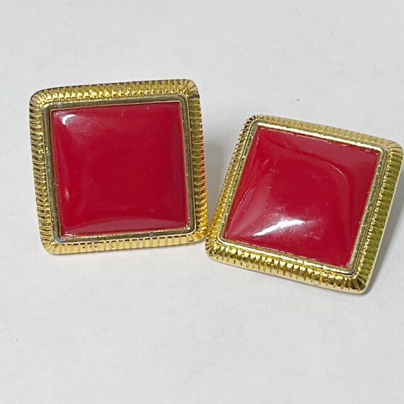 Vintage Liz Claiborne Square Red Earrings, Gold a… - image 2