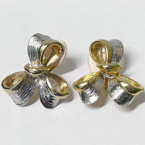 Two Tone Silver and Gold Clip On Earrings, Vintage Bow Earrings, Earrings for Women