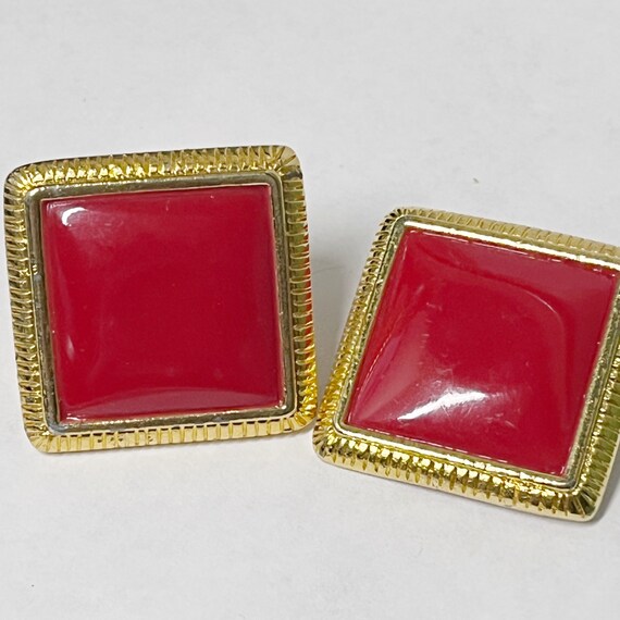Vintage Liz Claiborne Square Red Earrings, Gold a… - image 1