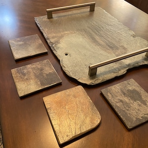 Vintage New Orleans French Quarter roofing slate crafted into serving  or decorative tray set including four matching coasters