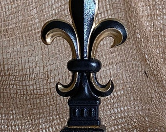 Cast Iron Fleur de Lis Finial, Hand Painted Black Gold Accents, Pedestal Base