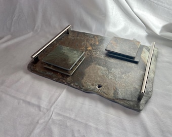 Slate Serving Tray with Handles & Coasters, Rustic Stone Cheese Board, Unique Kitchen Decor