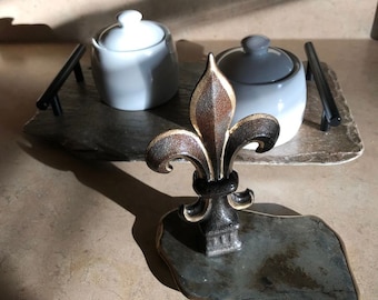 Hand Painted Cast Iron Fleur de Lis on Weathered Slate, Epoxy Finish