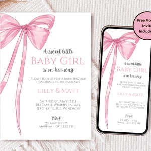 Girl Pink Bow Baby Shower Invitation Set 5x7in, Pastel Pink Bow Invitation, Girl Baby Sprinkle Invite, Blush Pink Bow Invite Watercolor Bow