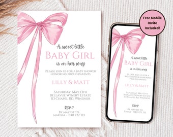 Girl Pink Bow Baby Shower Invitation Set 5x7in, Pastel Pink Bow Invitation, Girl Baby Sprinkle Invite, Blush Pink Bow Invite Watercolor Bow