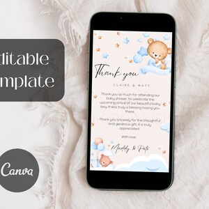 Carte de remerciement numérique modifiable pour baby shower, lettre de baby shower ours en peluche pour les invités, modèle de fête de naissance pour bébé, set14