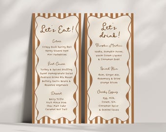 May include: Two menu cards with a brown and cream color scheme. The left card says "Let's Eat!" and lists an entree, first course, and dessert. The right card says "Let's drink!" and lists cocktails. The cards have a decorative border.