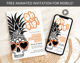 Oh Sip! Summer Halloween Party Invitation, Summerween Party Invite, Tropical Halloween Invite, Editable Halloween In Summer Beach Party