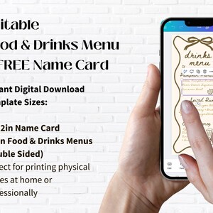 May include: A smartphone displays a digital food and drinks menu template. The menu features a decorative design with the words "drinks menu" at the top. The text includes "Pumpkin wreuni" and "Spiced Rum". The image also shows the text "Editable Food & Drinks Menu & FREE Name Card".