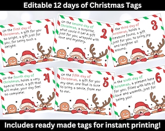 Editable 12 Days Of Christmas Gift Tags, Printable Gift Tags For Children, Twelve Days Of Christmas Tags DIY, 12 Days Of Christmas Tags Kids