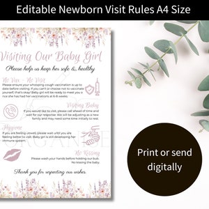 May include: A printable sign with pink and purple floral borders, with the text "Visiting Our Baby Girl" and "Please help us keep her safe & healthy". The sign lists rules for visitors, including vaccination requirements, hygiene, and no kissing.