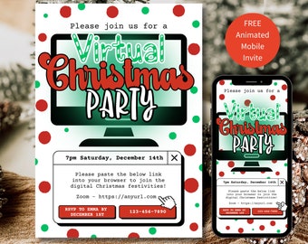 Puede incluir: Una invitación digital para una fiesta virtual de Navidad con un esquema de color rojo y verde. La invitación presenta una pantalla de computadora con el texto "Virtual Christmas Party" y una ventana emergente con detalles sobre el evento, incluida la fecha, la hora y un enlace para unirse. La invitación también incluye una pantalla de teléfono con el mismo diseño.