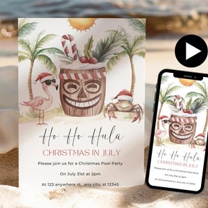 Strand Weihnachten im Juli Einladungen, Santa Sommer Pool Party einladen, Juli Weihnachten Einladung Vorlage, Hawaiische Weihnachten im Juli Dekor
