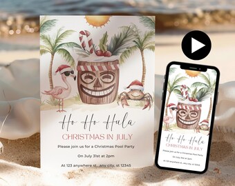 Beach Christmas In July Invitations, Santa Summer Pool Party Invite, July Christmas Invitation Template, Hawaiian Christmas in July Decor