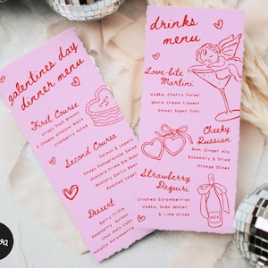 Modello di menu stampabile per San Valentino 4x9'', modello di menu stampabile disegnato a mano, scarabocchio, modello di menu per San Valentino, menu per cena e cocktail di San Valentino