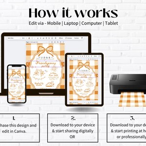 May include: An image showing the steps to edit and print a Friendsgiving party invitation. The steps are displayed on a laptop, tablet, and phone. A printer is shown printing the invitation. The text reads: "How it works".