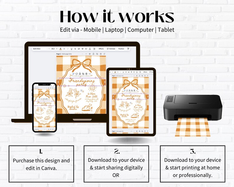 May include: An image showing the steps to edit and print a Friendsgiving party invitation. The steps are displayed on a laptop, tablet, and phone. A printer is shown printing the invitation. The text reads: "How it works".