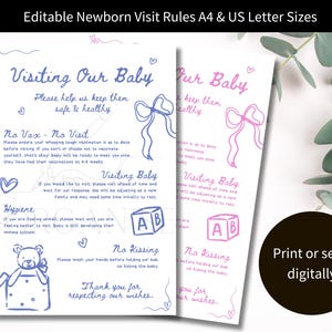 Op de afbeelding: Twee printbare kaarten met blauwe en roze strikken, tekst die "Visiting Our Baby" en "Our Baby" luidt, en een lijst met regels voor het bezoeken van een pasgeborene. De regels omvatten "No Vax - No Visit", "Visiting Baby", "Hygiene", "No Kissing" en "Bedankt voor het respecteren van onze wensen".