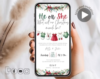 Animated Christmas Gender Reveal Evite, Christmas Gender Reveal Party Invitation Template, He Or She, Boy Or Girl, Christmas Shower Invite