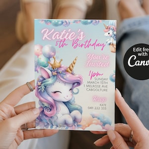 Editable Unicorn Birthday Invitation 5x7&#39;&#39; & Digital, Rainbow Unicorn Invitation Card, Unicorn Party Invitation, Editable Unicorn Invite