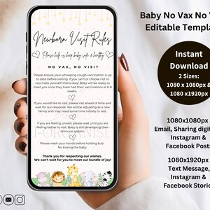 May include: A pink and white phone screen with a text overlay that reads "Newborn Visit Rules" and "Please help us keep baby safe & healthy". The text also says "No Vax, No Visit" and includes a list of rules for visitors. The phone screen has a pink and white background with stars and hearts. The phone screen is being held by a hand.