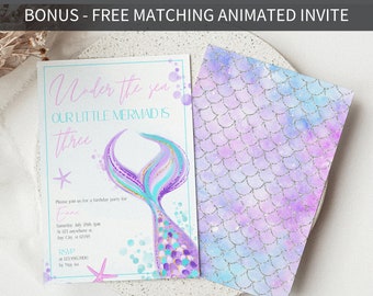 Mermaid Birthday Invitation, Mermaid 3rd Birthday Girl, Under the Sea Editable Template, Mermaid Party Printable Mermaid Invitation Template