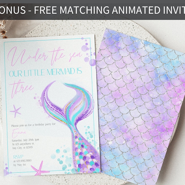 Mermaid Birthday Invitation, Mermaid 3rd Birthday Girl, Under the Sea Editable Template, Mermaid Party Printable Mermaid Invitation Template