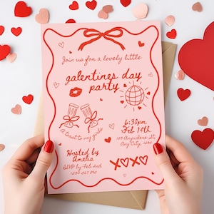Galentines Party Handgezeichnete Valentinsgrüße Einladung, Valentines Day Party, Valentinsgrüße Einladen Handgezeichnete Galentines Mädchen Nacht Rosa Valentinsgrüße