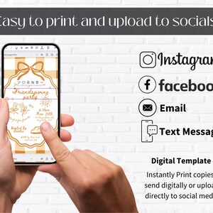 May include: A smartphone displays a Friendsgiving party invitation with a gingham border. The text "Easy to print and upload to socials" is at the top. Social media icons for Instagram, Facebook, Email, and Text Message are also visible.